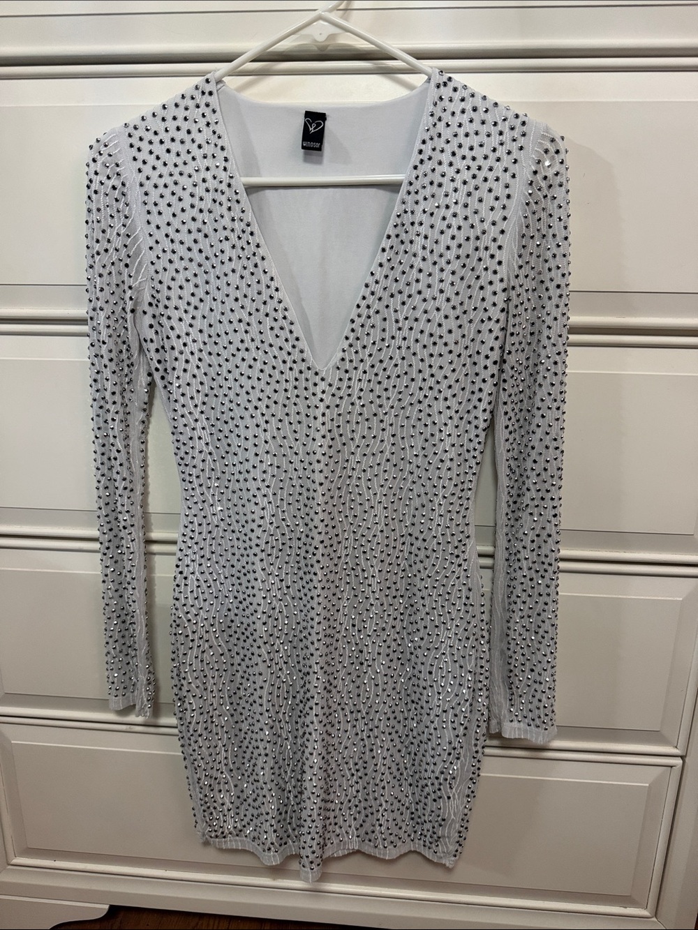 Windsor Long Sleeve Rhinestone V-Neck Dress